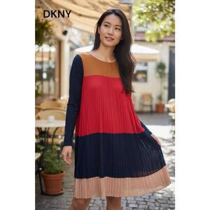 DKNY Long Sleeve Color Block flat Pleated Dress Red Brown Blue